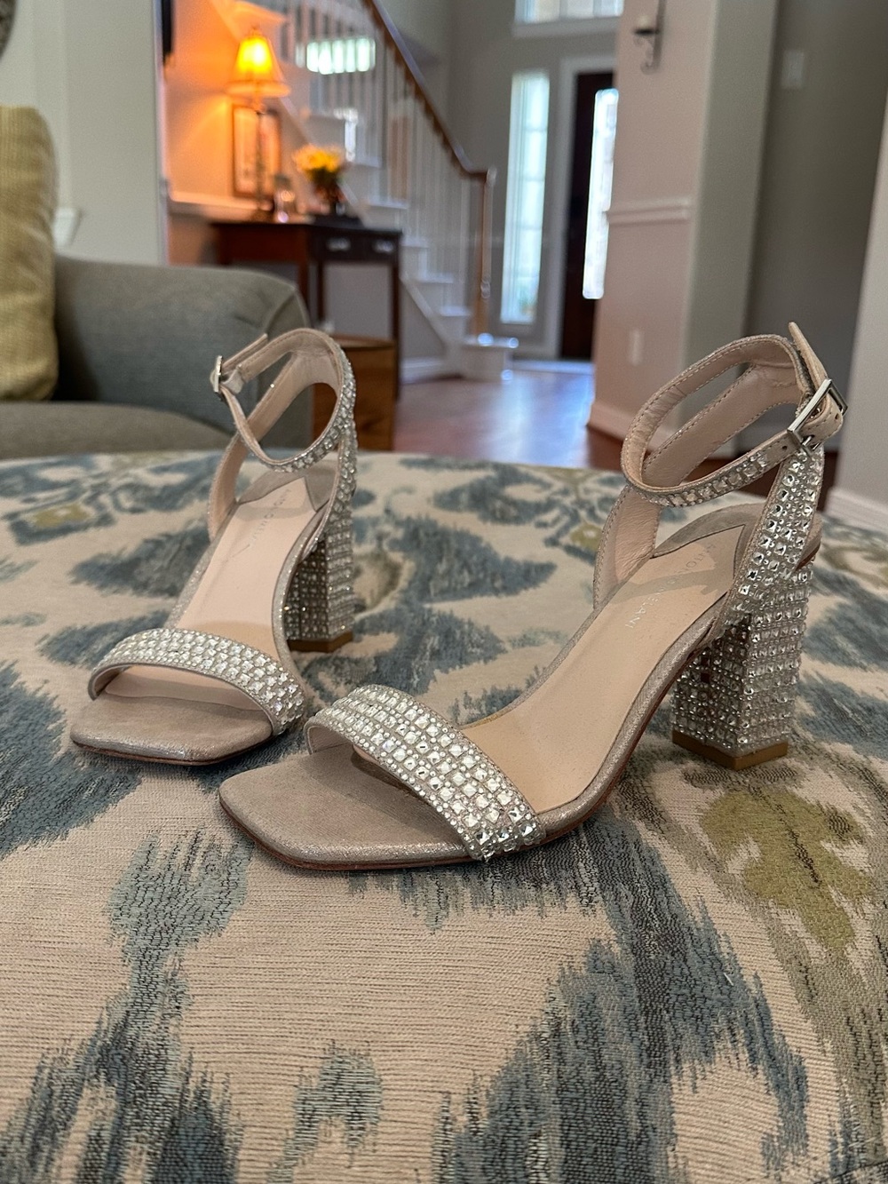 Embellished Block Heel Sandals in Champagne